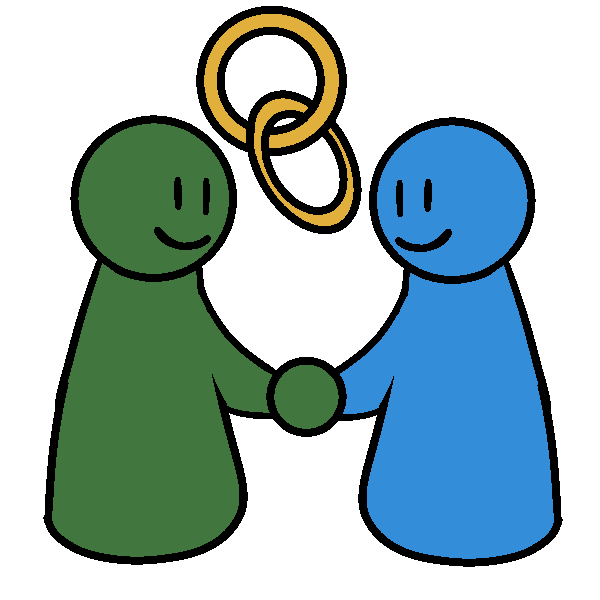 A green figure and a blue figure holding hands and smiling, with connected golden rings between them.